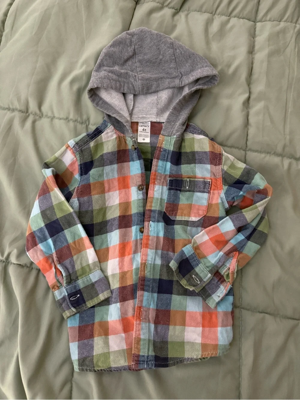 Carter's Multicolor Plaid Button-Front Shirt with Gray Hood